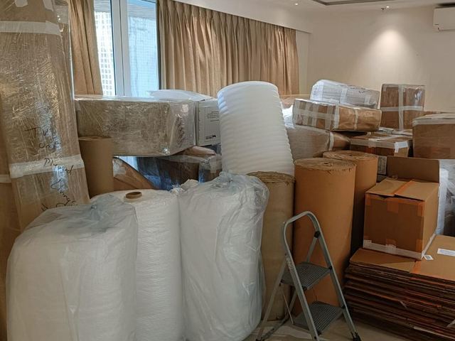 Household goods packed with bubble wrap and foam rolls